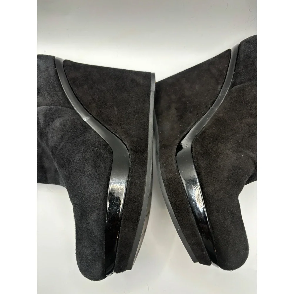 Via Spiga Black Suede Wedge Ankle Boots Patent‎ Trim Platform  7.5 M